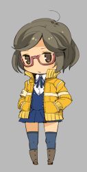 Rule 34 | 1girl, brown eyes, brown hair, character request, chibi, closed mouth, full body, glasses, jacket, looking at viewer, mota, short hair, simple background, skirt, solo, thighhighs