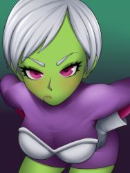 Rule 34 | 1girl, armor, bodysuit, breasts, cheelai, closed mouth, colored skin, dragon ball, dragon ball super, dragon ball super broly, eyelashes, gloves, green skin, hand on own hip, hanging breasts, highres, lips, loen, looking at viewer, medium breasts, pout, purple bodysuit, purple eyes, short hair, simple background, solo, thighs, white gloves, white hair