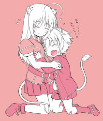 Rule 34 | 10s, 1boy, 1girl, age difference, ahoge, animal ears, bandaid, bandaid on knee, bandaid on leg, belt, blush, breasts, brother and sister, cat ears, cat tail, dog days, closed eyes, fang, gaul galette des rois, heart, heartwarming, hetero, hug, kneeling, leonmitchelli galette des rois, lion ears, lion tail, liongirl, long hair, monochrome, okino matsushiro, pink theme, short hair, siblings, skirt, smile, tail, teenage girl and younger boy, aged down