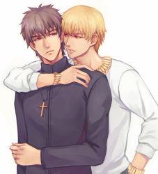 Rule 34 | 2boys, bad id, bad pixiv id, blonde hair, bracelet, brown eyes, brown hair, casual, cross, cross necklace, fate/zero, fate (series), gilgamesh (fate), jewelry, kamemushi, kotomine kirei, male focus, multiple boys, necklace, official alternate costume, red eyes, white background