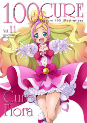 Rule 34 | 1girl, :d, blonde hair, bow, character name, cure flora, earrings, eunos, flower, flower earrings, flower necklace, gloves, go! princess precure, green eyes, haruno haruka, jewelry, long hair, looking at viewer, magical girl, multicolored hair, necklace, open mouth, outstretched hand, pink bow, pink hair, pink skirt, precure, shoes, skirt, smile, solo, streaked hair, thick eyebrows, two-tone hair, waist bow, white background, white footwear, white gloves