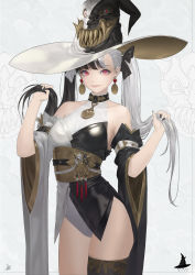 Rule 34 | 1girl, absurdres, asymmetrical sleeves, black bow, black hair, black hat, black kimono, black nails, black sleeves, black thighhighs, bow, closed mouth, commentary, cowboy shot, daeho cha, detached sleeves, earrings, english commentary, fingernails, gold trim, hair bow, hat, highres, holding, holding own hair, japanese clothes, jewelry, kimono, leotard, long hair, mismatched sleeves, multicolored clothes, multicolored hair, multicolored hat, multicolored kimono, multicolored nails, nail polish, obi, original, red eyes, sash, short kimono, single thighhigh, smile, solo, swept bangs, tassel, thighhighs, twintails, very long hair, white background, white bow, white hair, white hat, white kimono, white leotard, white nails, white sleeves, wide sleeves, witch hat