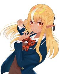 Rule 34 | 1girl, absurdres, alternate costume, blazer, blonde hair, blue jacket, blush, bow, bowtie, braid, brown vest, daily (daily178900), dark-skinned female, dark skin, double v, dress shirt, elf, half updo, highres, hololive, jacket, long hair, long sleeves, looking at viewer, multicolored hair, plaid, plaid bow, plaid bowtie, pointy ears, red bow, red bowtie, school uniform, shiranui flare, shirt, simple background, smile, solo, streaked hair, sweater vest, v, vest, virtual youtuber, white background, white shirt