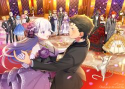 Rule 34 | 6+boys, 6+girls, :d, \o/, aldebaran (re:zero), anastasia hoshin, animal ears, arms up, ballroom, bare shoulders, black bow, black bowtie, black hair, black necktie, blonde hair, blue eyes, blue hair, blush, bow, bowtie, braid, breasts, brown hair, candle, cat ears, clapping, cleavage, closed mouth, collarbone, crossdressing, crossed arms, crusch karsten, dancing, detached sleeves, dress, emilia (re:zero), english text, eye contact, felix argyle, felt whitesnow, floating, flower, formal, frederica baumann, frilled dress, frills, garfiel tinsel, gown, green hair, grin, hair between eyes, hair flower, hair ornament, hair over one eye, hand fan, hand to own mouth, hands on own face, happy, helmet, highres, holding hands, indoors, jewelry, julius juukulius, kumuo (mirakurufusao), long hair, looking at another, multiple boys, multiple girls, natsuki subaru, necklace, necktie, night, open mouth, orange hair, otto suewen, outstretched arms, own hands together, perspective, petals, pink hair, priscilla barielle, puck (re:zero), purple eyes, purple hair, ram (re:zero), re:zero kara hajimeru isekai seikatsu, red carpet, red eyes, red hair, reflection, reinhard van astrea, rem (re:zero), short hair, signature, smile, suit, two-tone dress, white hair, yellow eyes