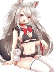 Rule 34 | 1girl, animal ears, arm ribbon, arm support, azur lane, bad id, bad pixiv id, bikini, black bikini, black sailor collar, blush, bow, bowtie, braid, breasts, cleavage, collar, commentary request, cowboy shot, crop top, fang, frilled bikini, frills, highres, long hair, looking at viewer, manjirou (manji illust), medium breasts, midriff, navel, one side up, open mouth, purple eyes, red bow, red collar, ribbon, sailor collar, short eyebrows, side braid, sidelocks, silver hair, simple background, sitting, solo, swept bangs, swimsuit, tail, thick eyebrows, thighhighs, underboob, white background, white thighhighs, wolf ears, wolf tail, yuudachi (azur lane)