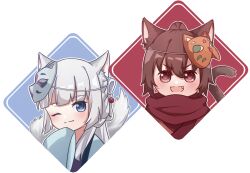 Rule 34 | 2girls, :d, ;), animal ear fluff, animal ears, bai yuxiu, blue eyes, blush, brown eyes, brown hair, cat ears, cat girl, cat tail, chibi, closed mouth, fang, feng ling&#039;er, fengling yuxiu, fox ears, fox girl, fox mask, fox tail, grey hair, hair ornament, long hair, looking at viewer, mask, mask on head, multiple girls, one eye closed, open mouth, red scarf, scarf, shane-f, sleeves past fingers, sleeves past wrists, smile, tail, white hair