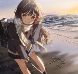 Rule 34 | 1girl, bag, black jacket, black skirt, blazer, blush, booota, brown cardigan, brown hair, cardigan, commentary, footprints, fringe trim, grey eyes, grin, holding, holding stick, horizon, jacket, long hair, long sleeves, looking at viewer, ocean, open clothes, open jacket, original, outdoors, plaid, plaid scarf, pleated skirt, sand writing, scarf, school bag, school uniform, skirt, sleeves past wrists, smile, solo, stick, sunset, symbol-only commentary, very long hair, water, white scarf