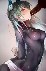 Rule 34 | 1girl, arms behind back, blush, bodysuit, breasts, clenched hand, covered erect nipples, covered navel, cum, dripping, facial, fellatio, food, from side, full mouth, gradient background, green hair, grey background, headgear, highres, long hair, makizushi, medium breasts, menou kaname (taishi), nose blush, oral, original, pink eyes, profile, short shorts, shorts, silhouette, simple background, simulated fellatio, skin tight, solo, solo focus, suggestive fluid, sushi, taishi (picchiridou), tears, tsurime, very long hair
