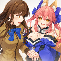 Rule 34 | 2girls, :d, animal ear fluff, animal ears, anniversary, blue bow, blue dress, blue ribbon, blush, bow, breasts, brown eyes, brown hair, cleavage, commentary, couple, detached collar, detached sleeves, dress, eyelashes, eyes visible through hair, fate/extra, fate (series), fox ears, fox girl, fox tail, grey background, hair between eyes, hair ribbon, hand on own chest, happy, highres, holding hands, karokuchitose, kishinami hakuno (female), large breasts, long hair, long sleeves, looking at another, medium breasts, multiple girls, open mouth, pink hair, profile, ribbon, sidelocks, simple background, smile, strapless, strapless dress, tail, tamamo (fate), tamamo no mae (fate/extra), teeth, tsurime, twintails, upper teeth only, wide sleeves, yellow eyes, yuri