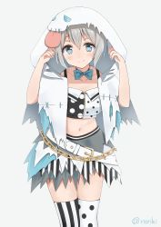 Rule 34 | 1girl, absurdres, adjusting hood, aoba moca, asymmetrical clothes, asymmetrical legwear, bang dream!, belt, blue bow, blue bowtie, bow, bowtie, chain, collarbone, commentary request, ghost costume, gold trim, grey background, grey hair, highres, honorikiti, hood, hood up, looking at viewer, mismatched legwear, navel, polka dot, polka dot legwear, simple background, skirt, smile, solo, stomach, striped clothes, striped thighhighs, thighhighs, tongue, torn clothes, twitter username, vertical-striped clothes, vertical-striped thighhighs