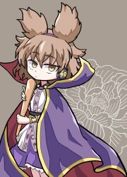 Rule 34 | 1girl, absurdres, anklet, bracelet, brown eyes, brown hair, cape, earmuffs, highres, jewelry, light brown hair, looking at viewer, medium hair, pointy hair, purple cape, ritual baton, solo, suikatou, touhou, toyosatomimi no miko