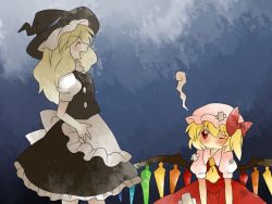 Rule 34 | 2girls, ^ ^, apron, ascot, bad id, bad pixiv id, bandaid, blonde hair, bow, closed eyes, comic, dress, closed eyes, female focus, flandre scarlet, hair bow, hammer (sunset beach), hand on own hip, hat, hip focus, kirisame marisa, long hair, multiple girls, muted color, open mouth, red eyes, short hair, side ponytail, silent comic, touhou, wince, wings, witch, witch hat