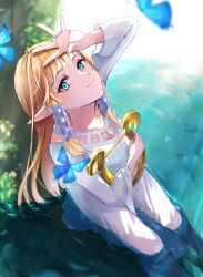 Rule 34 | 1girl, blonde hair, blue eyes, bug, butterfly, dress, harp, highres, holding, holding instrument, insect, instrument, long hair, long sleeves, looking at viewer, nintendo, partially submerged, pointy ears, princess zelda, seri (yuukasakura), sidelocks, solo, the legend of zelda, the legend of zelda: skyward sword, twitter username, water, white dress