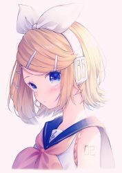 Rule 34 | 1girl, arm tattoo, bare shoulders, blonde hair, blue eyes, blush, bow, hair bow, hair ornament, hairclip, headphones, headset, highres, kagamine rin, looking at viewer, neckerchief, parted lips, sailor collar, short hair, solo, spide r (mxpm3455), swept bangs, tattoo, treble clef, upper body, vocaloid, white bow, yellow neckerchief