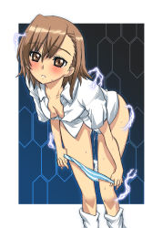 Rule 34 | 00s, 1girl, bent over, blush, breasts, brown eyes, brown hair, cleavage, downblouse, electricity, electrokinesis, flat chest, highres, loose socks, misaka mikoto, nagy, no bra, open clothes, open shirt, panties, panty pull, pussy juice, pussy juice trail, shirt, short hair, socks, solo, striped clothes, striped panties, sweat, toaru kagaku no railgun, toaru majutsu no index, underwear, undressing
