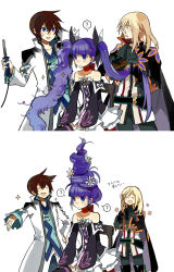 Rule 34 | 1girl, 2boys, :&gt;, ?, alternate costume, alternate hairstyle, asbel lhant, black thighhighs, blonde hair, blunt bangs, brown hair, brushing hair, cable, flower, hand on own hip, heterochromia, highres, lolita fashion, long hair, messy hair, multiple boys, official alternate costume, purple hair, richard (tales), shouten pegasus mix mori, sitting, sophie (tales), standing, starshadowmagician, tales of (series), tales of graces, thighhighs, translated, twintails, very long hair, white background