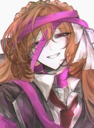 Rule 34 | 1girl, black jacket, bow, brown hairband, collared shirt, grin, hair bow, hairband, highres, ishmael (project moon), jacket, limbus company, long hair, looking at viewer, luull, necktie, open mouth, orange hair, pale skin, pink eyes, pink ribbon, pink shoes (project moon), portrait, project moon, red necktie, ribbon, shirt, simple background, smile, solo, teeth, very long hair, white background, white bow, white shirt, wing collar