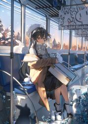 Rule 34 | 1girl, absurdres, argyle, argyle clothes, argyle sweater, black dress, black hair, dress, hat, high heels, highres, long hair, off shoulder, original, plaid, plaid scarf, pointy ears, rabbit, scarf, sign, sitting, snow, snowman, socks, solo, suitcase, sweater, toto (caaaaarrot), train interior, tree, weeds, white socks, window, yellow eyes