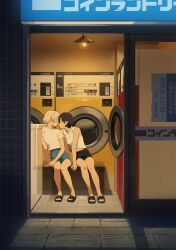 Rule 34 | 2girls, arm support, black footwear, blonde hair, blue shorts, brown hair, commentary, doorway, face-to-face, feet, full body, high-waist shorts, highres, kamo kamen, knees together feet apart, laundromat, leaning to the side, legs, looking at another, multiple girls, on bench, original, ponytail, sandals, shadow, shirt, short shorts, short sleeves, shorts, sitting, tile floor, tiles, toenails, toes, washing machine, white shirt, yuri