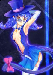 Rule 34 | 1girl, absurdres, arm up, armpits, ass, blue-tinted eyewear, blue-tinted glasses, blue cat (precure), blue gloves, blue hair, blue headwear, blue skirt, breasts, cat tail, choker, closed mouth, detached sleeves, from side, gloves, hair ornament, highres, long hair, long sleeves, looking at viewer, looking over eyewear, looking over glasses, miniskirt, mitaka, nipples, precure, skirt, small breasts, smile, solo, standing, star twinkle precure, sunglasses, tail, thighhighs, tinted eyewear, white sleeves, white thighhighs, yellow eyes