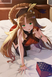 Rule 34 | 1girl, :p, absurdres, animal ear fluff, animal ears, arknights, arm support, bag, bangle, bare arms, bare shoulders, bed, bell, black thighhighs, blush, bracelet, breasts, brown hair, brown headwear, commentary request, criss-cross halter, dress, green eyes, hair bell, hair ornament, halterneck, hand up, handbag, highres, holding, indoors, jewelry, jingle bell, konohono, long hair, looking at viewer, medium breasts, official alternate costume, red dress, shadow, sidelocks, sleeveless, sleeveless dress, smile, solo, swire (arknights), swire (honor and splendor) (arknights), tail, thighhighs, tiger ears, tiger tail, tongue, tongue out, watch, wristwatch, zettai ryouiki