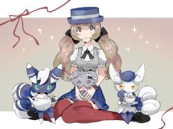 Rule 34 | 1girl, aisutabetao, alternate costume, alternate hairstyle, black bow, black footwear, blue fur, blue headwear, blue sclera, blue skirt, border, bow, brown hair, colored sclera, creatures (company), cross-laced footwear, cup, espurr, game freak, gen 6 pokemon, gradient background, green eyes, grey background, grey eyes, grey fur, hair bow, hat, highres, holding, holding plate, holding teapot, letterboxed, meowstic, meowstic (female), meowstic (male), multiple hair bows, nintendo, outside border, pantyhose, parted lips, plate, pleated skirt, pokemon, pokemon (creature), pokemon xy, purple eyes, red eyes, red pantyhose, red ribbon, ribbon, serena (pokemon), sitting, skirt, smile, sparkle, tea, teacup, teapot, teeth, twintails, white border, white bow, white fur, yellow sclera