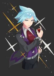 Rule 34 | 1boy, arutarika (ri kaoekaki), belt, belt buckle, black pants, buckle, closed mouth, collared shirt, commentary request, creatures (company), game freak, green hair, grey eyes, hand up, highres, holding, holding poke ball, jacket, jewelry, long sleeves, male focus, necktie, nintendo, open clothes, open jacket, pants, poke ball, poke ball (basic), pokemon, pokemon oras, red necktie, ring, shirt, short hair, smile, solo, steven stone, vest, white shirt