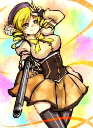 Rule 34 | 10s, 1girl, beret, blonde hair, breasts, brown thighhighs, detached sleeves, drill hair, fingerless gloves, gloves, gun, hair ornament, hairpin, hat, large breasts, magical girl, magical musket, mahou shoujo madoka magica, mahou shoujo madoka magica (anime), pleated skirt, puffy sleeves, ribbon, rifle, roki (hirokix), skindentation, skirt, solo, striped clothes, striped thighhighs, thighhighs, tomoe mami, tomoe mami (magical girl), twin drills, twintails, vertical-striped clothes, vertical-striped thighhighs, weapon, yellow eyes, zettai ryouiki