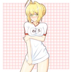 Rule 34 | 1girl, ahoge, atair, blonde hair, blush, breast hold, breasts, fate (series), gym uniform, looking at viewer, name tag, nero claudius (fate), nero claudius (fate) (all), nero claudius (fate/extra), nero claudius (olympian bloomers) (fate), official alternate costume, shirt tug, solo