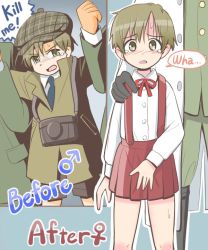 Rule 34 | 1girl, 3boys, before and after, blue background, blue neckwear, blush, brown hair, camera, camera around neck, child, coat, english text, genderswap, genderswap (mtf), haida katsuretsu, hand on another&#039;s shoulder, hat, mars symbol, multiple boys, necktie, open mouth, original, outline, plaid headwear, red skirt, second-party source, shirt, shorts, skirt, suspenders, tam o&#039; shanter, tears, venus symbol, white outline, white shirt