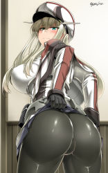 Rule 34 | 1girl, ass, black gloves, black pantyhose, blonde hair, blush, breasts, capelet, closed mouth, clothes lift, commentary request, covered erect nipples, curvy, from behind, gloves, graf zeppelin (kancolle), green eyes, hair between eyes, hat, highres, huge ass, indoors, jacket, kantai collection, large breasts, lifted by self, long hair, looking at viewer, looking back, machinery, military, military hat, military uniform, pantyhose, peaked cap, saizu nitou gunsou, sidelocks, skirt, skirt lift, smile, uniform, white headwear