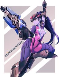 Rule 34 | 1girl, arm up, black gloves, bodysuit, breasts, chingisu, closed mouth, collarbone, colored skin, copyright name, covered navel, earrings, elbow gloves, empty eyes, finger on trigger, frown, gloves, gun, highres, holding, holding gun, holding weapon, jewelry, leg up, long hair, medium breasts, midriff, overwatch, overwatch 1, pink bodysuit, ponytail, purple hair, purple skin, solo, stud earrings, visor, weapon, widowmaker (overwatch), yellow eyes