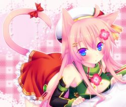 Rule 34 | 1girl, ahoge, animal ears, arm warmers, bad id, bad pixiv id, beret, blue eyes, blush, bow, braid, breasts, cape, cat ears, cat tail, cleavage, cleavage cutout, clothing cutout, dogwood (flower), flower, flower knight girl, haineko (die verschwand), hanamizuki (flower knight girl), hat, kemonomimi mode, long hair, multicolored eyes, nail polish, pink background, pink eyes, pink hair, plaid, plaid background, red bow, red skirt, shiny skin, skirt, solo, tail, tail bow, tail ornament, white hat