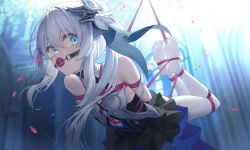 Rule 34 | 1girl, absurdres, ball gag, bare shoulders, bdsm, blue eyes, bondage, bound, commission, flower, full body, gag, gagged, hair flower, hair ornament, highres, hogtie, honkai (series), honkai impact 3rd, indoors, legs, long hair, looking at viewer, no shoes, pantyhose, restrained, ruochongsang, second-party source, shibari, solo, suspension, tearing up, theresa apocalypse, theresa apocalypse (twilight paladin), thighhighs, white hair, white thighhighs, wiffle gag