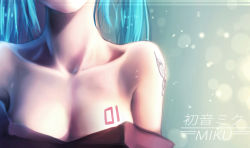 Rule 34 | 1girl, bare shoulders, blue hair, body writing, breasts, butterfly tattoo, character name, cleavage, collarbone, hatsune miku, head out of frame, off shoulder, qys3, revision, small breasts, solo, tattoo, upper body, vocaloid