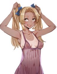 Rule 34 | 1girl, :d, blonde hair, blue bow, blush, bow, bow (bhp), breasts, bunching hair, dark-skinned female, dark skin, fang, hair bow, arms up, hands up, inverted nipples, long hair, medium breasts, navel, nightgown, nipples, one-piece tan, open mouth, original, simple background, smile, solo, sweatdrop, tan, tanline, twintails, upper body, white background, yellow eyes