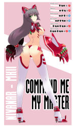 Rule 34 | 1990s (style), 1girl, android, animal ears, ass, back, black hair, body writing, breasts, butter-t, c-string, cameltoe, character name, crotch plate, detached arm, divanar mk-ii, english text, fake animal ears, female focus, from behind, full body, green eyes, grey hair, hair between eyes, high heels, hime cut, kneepits, large breasts, legs, long hair, looking at viewer, looking back, low-tied long hair, maebari, mecha musume, mechanical arms, move chart, original, pasties, pink background, retro artstyle, revealing clothes, scrunchie, shoes, sideboob, simple background, solo, standing, strapless bottom, text focus, thighhighs, very long hair, white thighhighs, yuusha ou gaogaigar, yuusha series