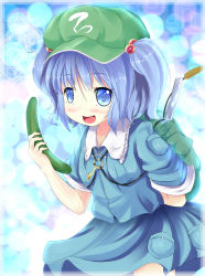 Rule 34 | 1girl, arm behind back, backpack, bad id, bad pixiv id, bag, blue hair, blush, cattail, cucumber, hair bobbles, hair ornament, hat, highres, kawashiro nitori, key, open mouth, plant, pocket, roro (iwawawa), skirt, skirt set, smile, solo, touhou, twintails, two side up