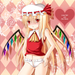 Rule 34 | 1girl, :t, alternate hair length, alternate hairstyle, ascot, blonde hair, female focus, flandre scarlet, hanazome dotera, hands on own hips, hat, long hair, navel, no panties, pout, short shorts, shorts, solo, touhou, unzipped, wings