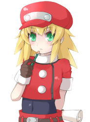 Rule 34 | 1girl, belt, blonde hair, brown gloves, cabbie hat, closed mouth, cropped jacket, gloves, gomashi (goma), green eyes, hat, jacket, long hair, looking at viewer, mega man (series), mega man legends (series), red hat, red jacket, roll caskett (mega man), short sleeves, simple background, solo, white background