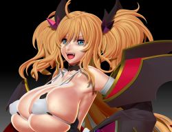 Rule 34 | 1girl, 3d, artist request, back, bare shoulders, blonde hair, blue eyes, breasts, fake wings, fangs, gloves, halloween costume, highleg, highleg leotard, highres, huge breasts, leotard, looking away, onizaki kirara, open mouth, shiny skin, smile, solo, taimanin (series), taimanin rpgx, thighs, twintails, upper body, wings