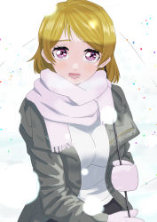 Rule 34 | 1girl, artist name, artist request, black skirt, blush, breasts, brown hair, female focus, gloves, grey jacket, hair between eyes, highres, jacket, koizumi hanayo, long sleeves, looking at viewer, love live!, love live! school idol project, medium breasts, miniskirt, open clothes, open jacket, parted lips, plaid, plaid skirt, pleated, pleated skirt, purple eyes, scarf, shirt, short hair, skirt, smile, solo, white background, white gloves, white scarf, white shirt