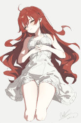 Rule 34 | 1girl, absurdres, ahoge, bare shoulders, blush, breasts, closed eyes, collarbone, cropped legs, dated, dress, eris greyrat, flower, grey background, highres, holding, holding flower, long hair, lying, mushoku tensei, on back, own hands together, panties, pantyshot, parted lips, qtian, red hair, signature, simple background, small breasts, solo, thighs, underwear, white dress, white panties