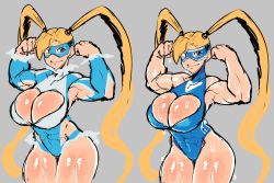 Rule 34 | 1girl, abs, blonde hair, blue eyes, breasts, brycecarringto5, capcom, cleavage, cleavage cutout, clothing cutout, domino mask, flexing, heart cutout, highres, large breasts, leotard, long hair, mask, rainbow mika, street fighter, sweat, thick thighs, thighs, twintails, very long hair, wrestling outfit