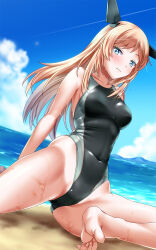 Rule 34 | 1girl, :t, beach, black one-piece swimsuit, blue eyes, blue sky, breasts, brown hair, competition swimsuit, day, gluteal fold, headgear, highres, kantai collection, long hair, looking at viewer, medium breasts, one-piece swimsuit, orange hair, salmon (kancolle), sand, sitting, sky, solo, swimsuit, tsuchimiya, water