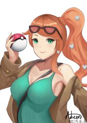 Rule 34 | 1girl, abeen jhong, aqua eyes, armpits, artist name, between breasts, breasts, cleavage, coat, collarbone, creatures (company), female focus, fingernails, game freak, gen 8 pokemon, glasses, heart, highres, holding, leggings, long hair, looking at viewer, medium breasts, nail polish, neck, nintendo, open clothes, open coat, orange hair, pokemon, pokemon swsh, ponytail, side ponytail, simple background, sonia (pokemon), sunglasses, sunglasses on head, white background, yellow coat