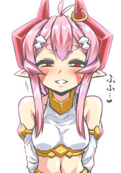 Rule 34 | 1girl, ahoge, bare shoulders, blush, breasts, detached sleeves, earrings, eyebrows, facial mark, gem, hair ornament, heart, horn ornament, horn ring, horns, jewelry, long hair, looking at viewer, midriff, navel, original, pink hair, pointy ears, red eyes, small breasts, smile, solo, thick eyebrows, to-gnaniwa, upper body, white background