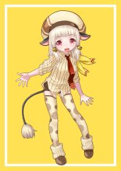 Rule 34 | 1girl, animal ears, bad id, bad pixiv id, bell, blush, brown thighhighs, cow ears, cow girl, cow tail, hair bell, hair ornament, hat, highres, jingle bell, layered legwear, leg warmers, looking at viewer, necktie, original, patterned legwear, pinstriped pattern, red eyes, red necktie, rin2008, shorts, simple background, smile, solo, tail, thighhighs, white hair, yellow background, yukico-tan, yukijirushi