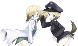 Rule 34 | 2girls, bad id, bad pixiv id, blonde hair, blue eyes, blush, erica hartmann, glasses, hat, lab coat, military, military uniform, multiple girls, open mouth, panties, short hair, siblings, simple background, sisters, strike witches, strike witches: suomus misfits squadron, striped clothes, striped panties, tail, take shinobu, takesinobu, twins, underwear, uniform, ursula hartmann, world witches series