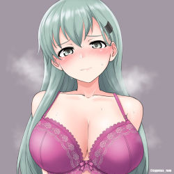 Rule 34 | 1girl, blush, bra, breasts, cleavage, closed mouth, collarbone, cypress, green eyes, green hair, grey background, hair between eyes, hair ornament, hairclip, kantai collection, large breasts, long hair, purple bra, simple background, solo, suzuya (kancolle), twitter username, underwear, underwear only, upper body